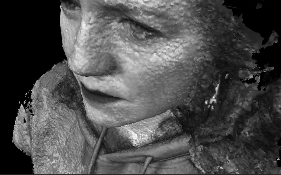 3D Scan Theresa Reiwer photogrammetrischer Scan von Theresa Reiwers Kopf und Schultern in schwarz/weiß