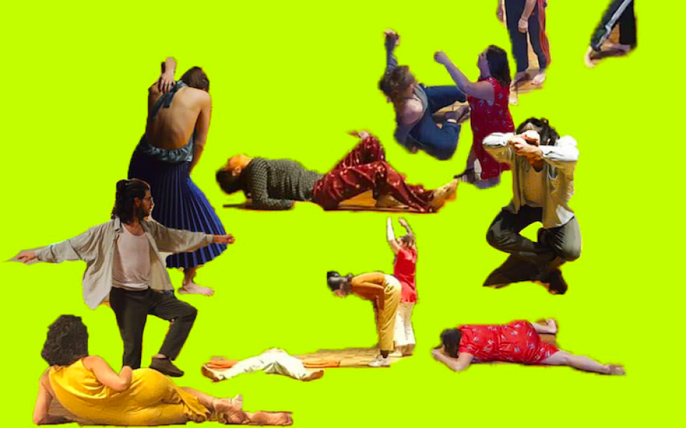 auf neongelbem Hintergrund sind 12 kleine Figuren in asymmetrischen Posen erkennbar. Unten links eine schräg liegende Frau in gelb von dort verteilen sich die Figuren bis in die obere rechte Ecke wo jemand stehend seinen Arm in die Höhe streckt. 