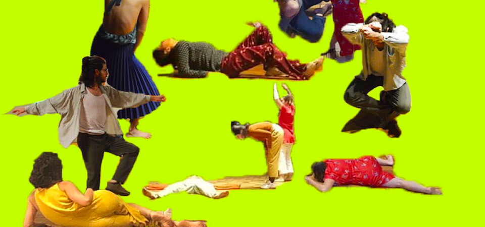 auf neongelbem Hintergrund sind 12 kleine Figuren in asymmetrischen Posen erkennbar. Unten links eine schräg liegende Frau in gelb von dort verteilen sich die Figuren bis in die obere rechte Ecke wo jemand stehend seinen Arm in die Höhe streckt.
